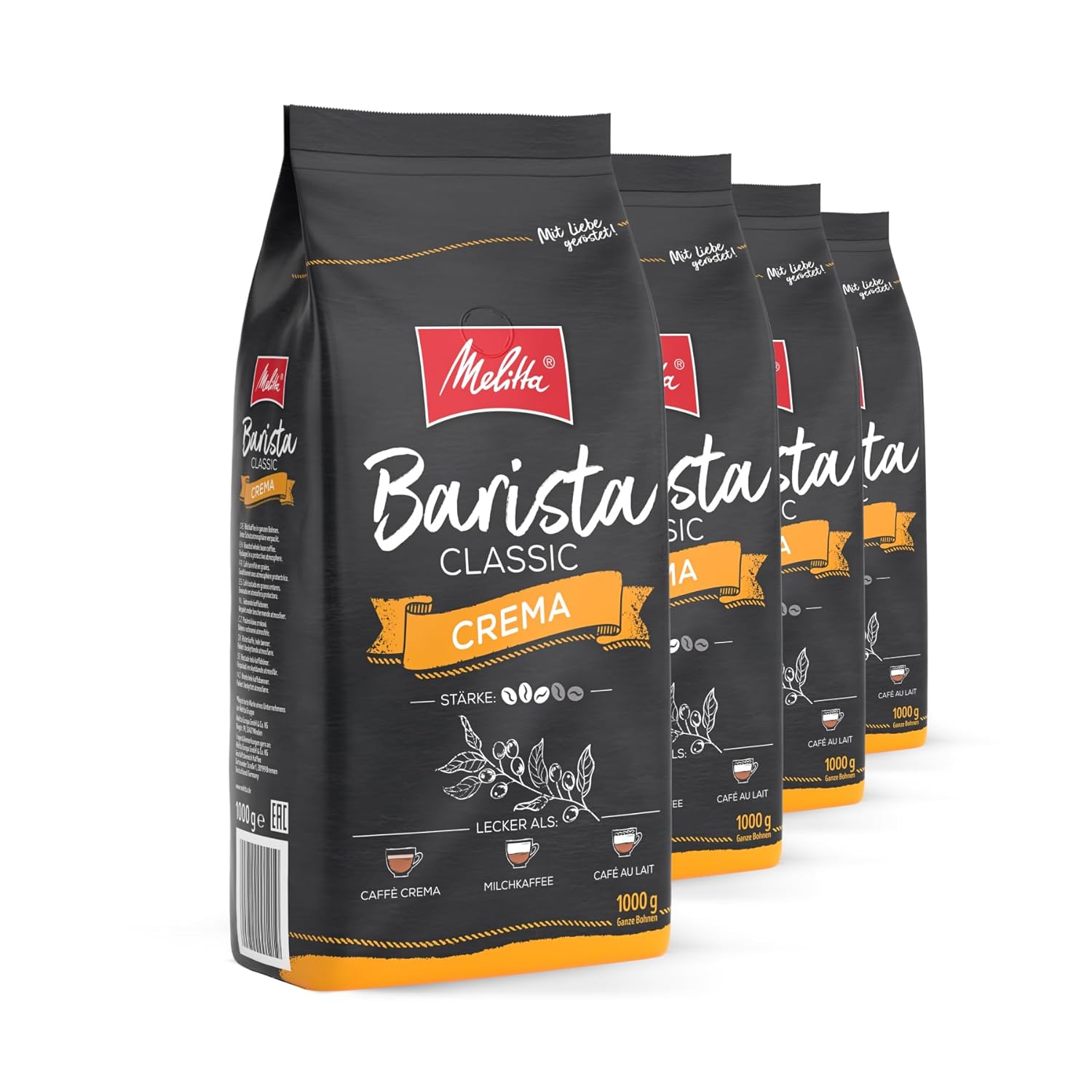 Melitta Barista Classic Crema, Whole Coffee Beans 4 x 1 kg, Unground, Coffee Beans for Fully Automatic Coffee, Medium Roasting, Strength 4, in Tray