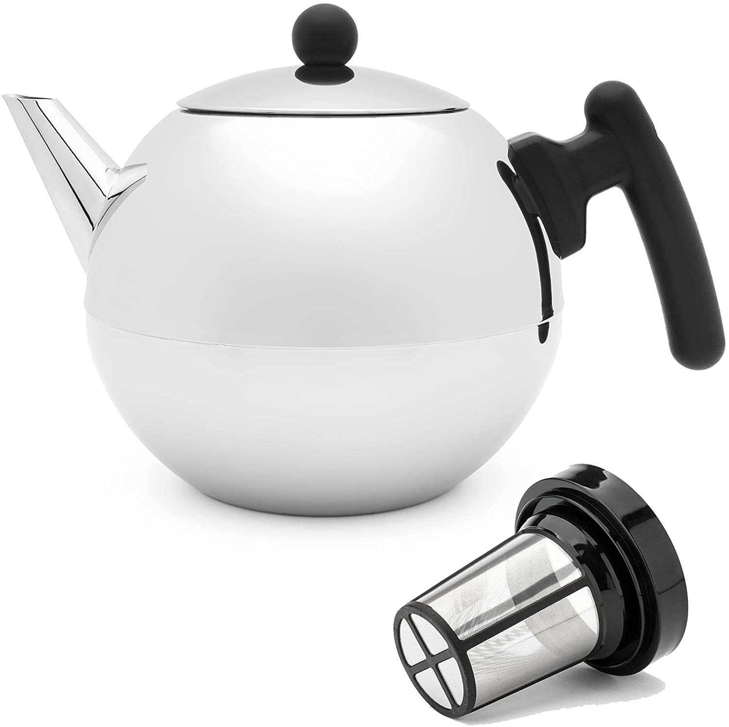 Bredemeijer Teapot Stainless Steel Set Glossy 1.2 Litre Handle Black Double-Walled with Tea Filter Strainer