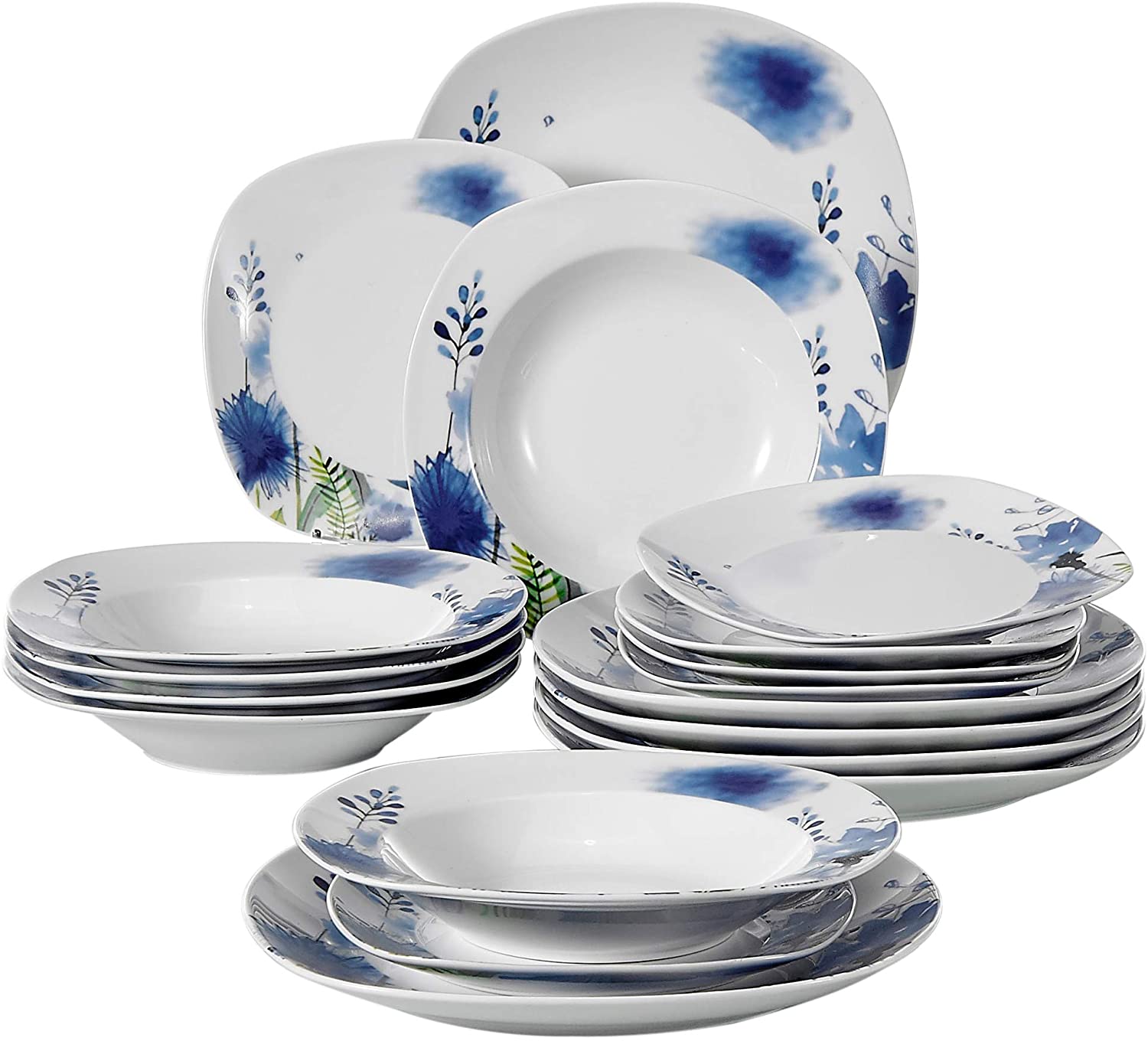 Veweet Laura Porcelain Dinner Set 36 Pieces / 48 Pieces Crockery Set Including Cereal Bowls, Dessert Plates, Dinner Plates and Soup Plates, Tableware Set for 6/12 People