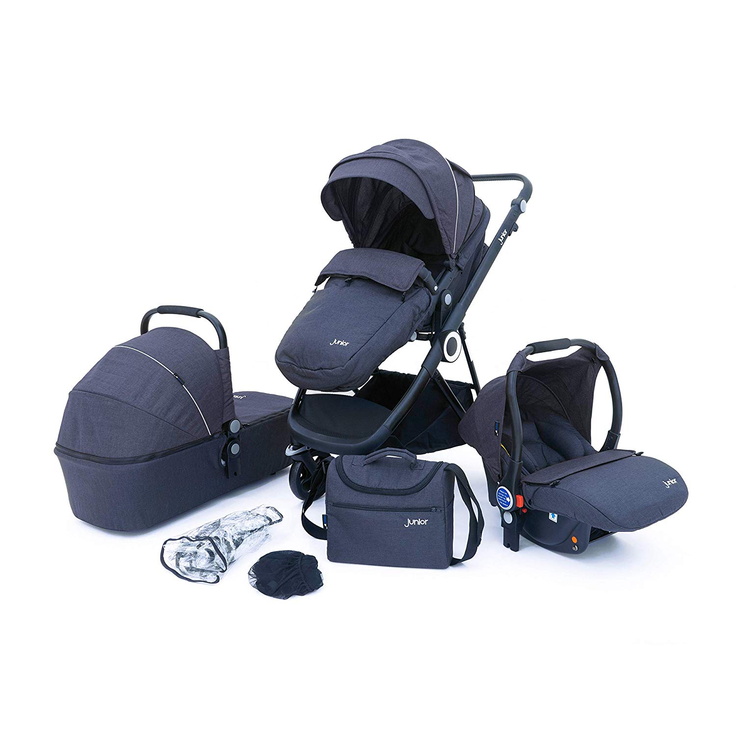 PETEX Multi-Traveller Combination Pushchair 3-in-1 Complete Set 10 Pieces with 3 Attachments and Extensive Accessories, Anthracite