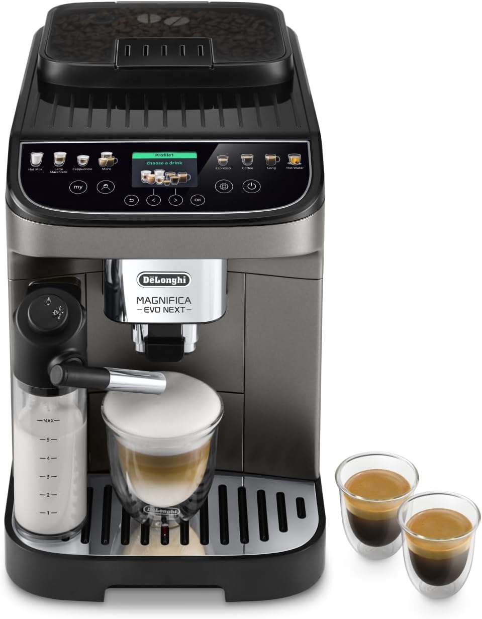 De\'Longhi Magnifica Evo Next ECAM312.80.TB – Fully Automatic Coffee Machine with 2.4 Inch TFT Color Display & LatteCrema Milk System, 7 Direct Selection Buttons (Cappuccino, Espresso, Latte
