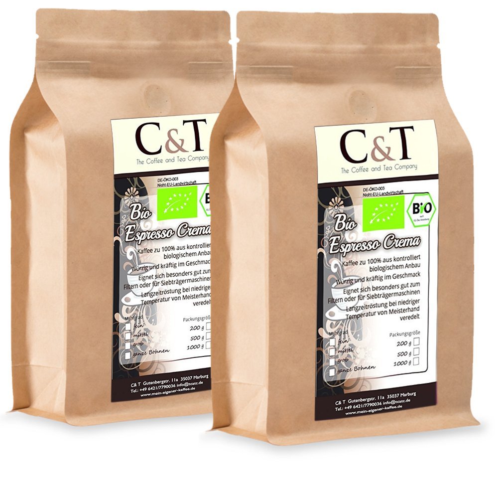 C&T Organic Espresso Crema Cafe 2 x 1000 g Whole Beans Gastro Economy Pack in Kraft Paper Bag Coffee for Portafilters, Fully Automatic Machines, Espresso Maker