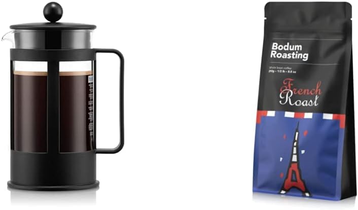 Bodum Kenya Coffee Maker (French Press System, Dishwasher Safe, 1.0 Litres) Black + Coffee French Roast - Columbia & Sumatra, 250 g