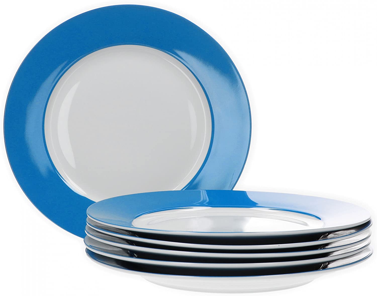 Van Well Vario Dinner Plate Set 6 Pieces I Dinner Service for 6 People I Flat Dining Plate with Diameter 26.5 cm I Porcelain Service White with Blue Rim I Plate Set Microwave Safe