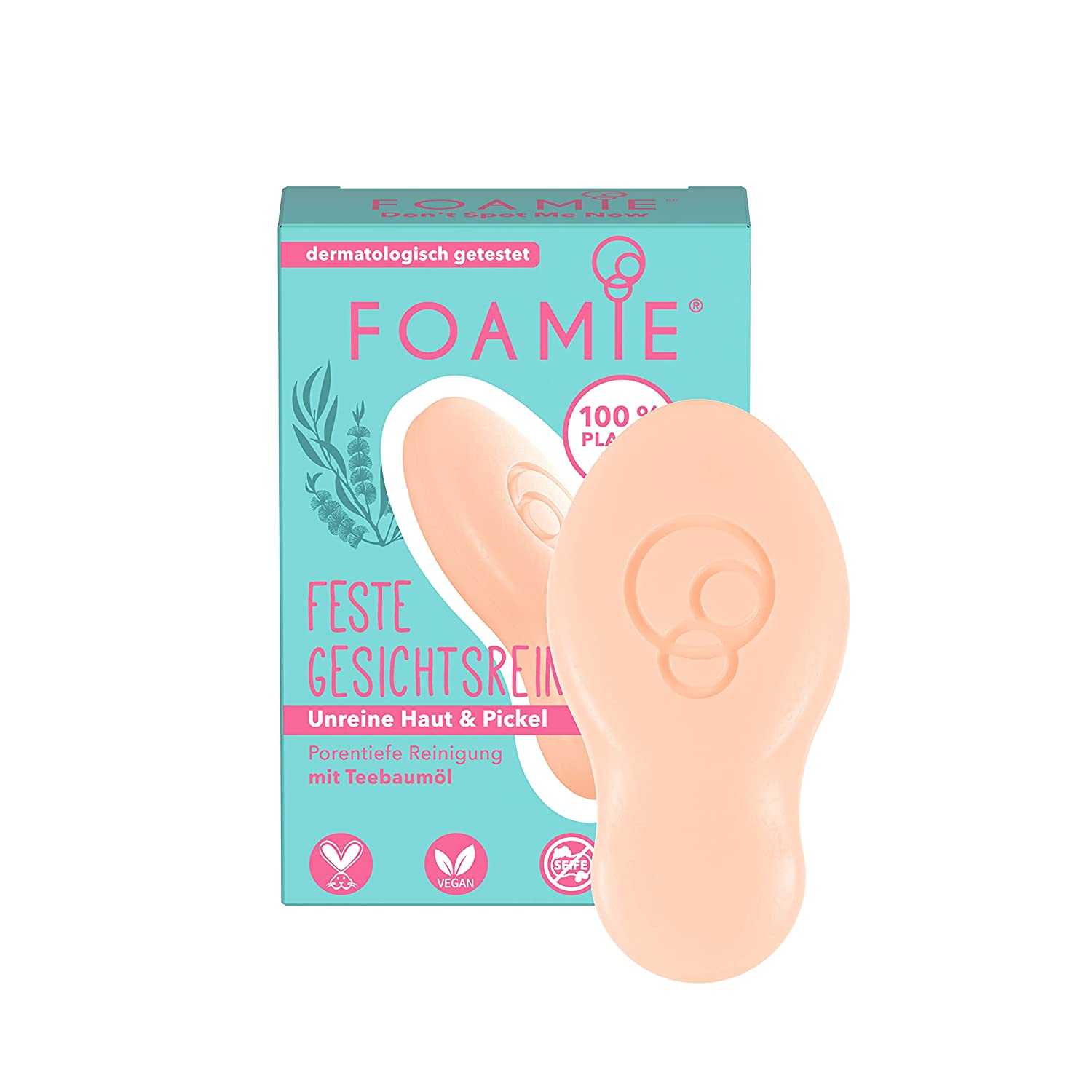 Foamie Solid Facial Cleansing Blemished Skin & Pimples with Tea Tree Oil, Deep Pore Cleansing Anti-Pimple Face Care 100% Vegan, Plastic-Free, 60 g, ‎cream