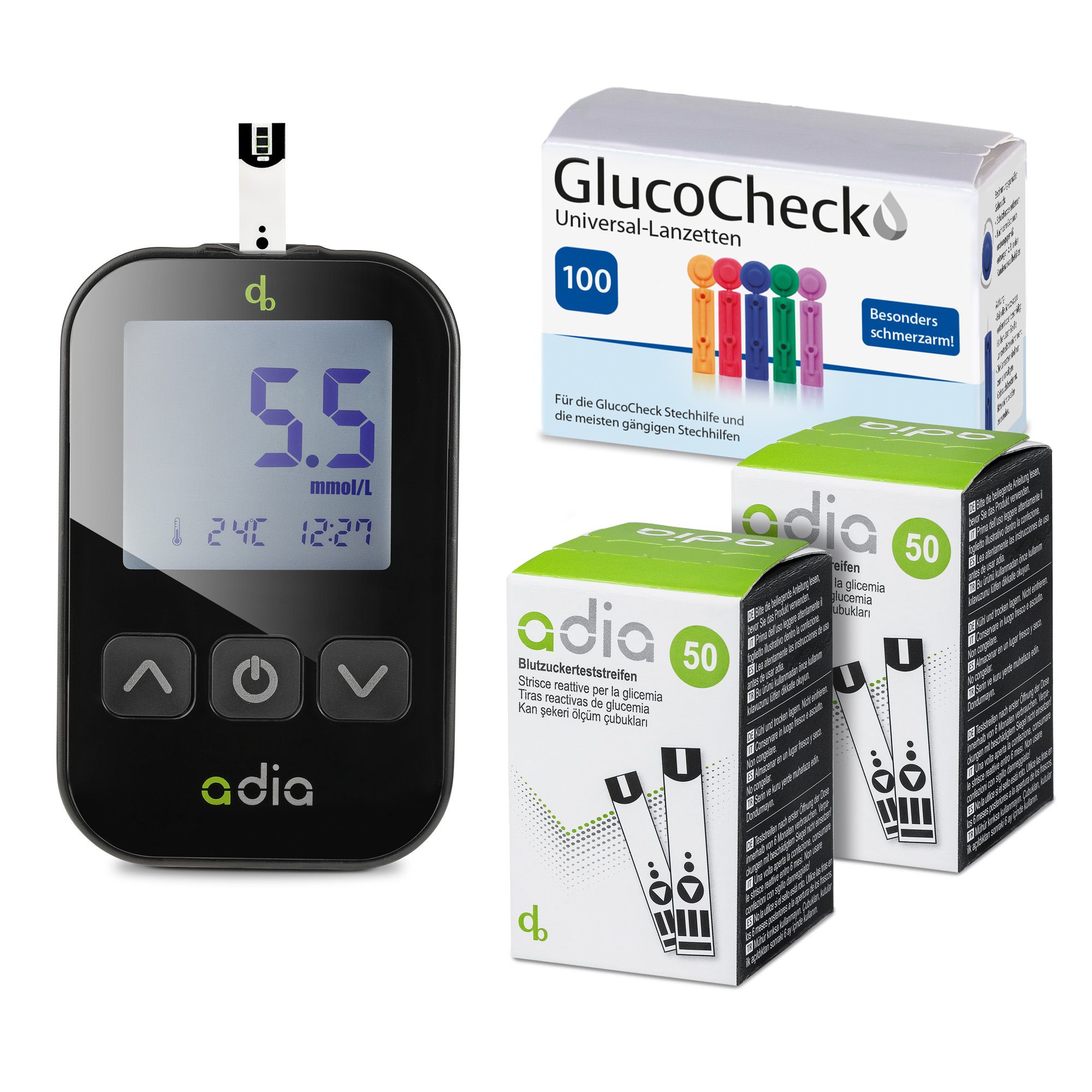 Adia blood sugar measuring device (mmol/l) set + 110 blood sugar test strips + 110 Lanzetten