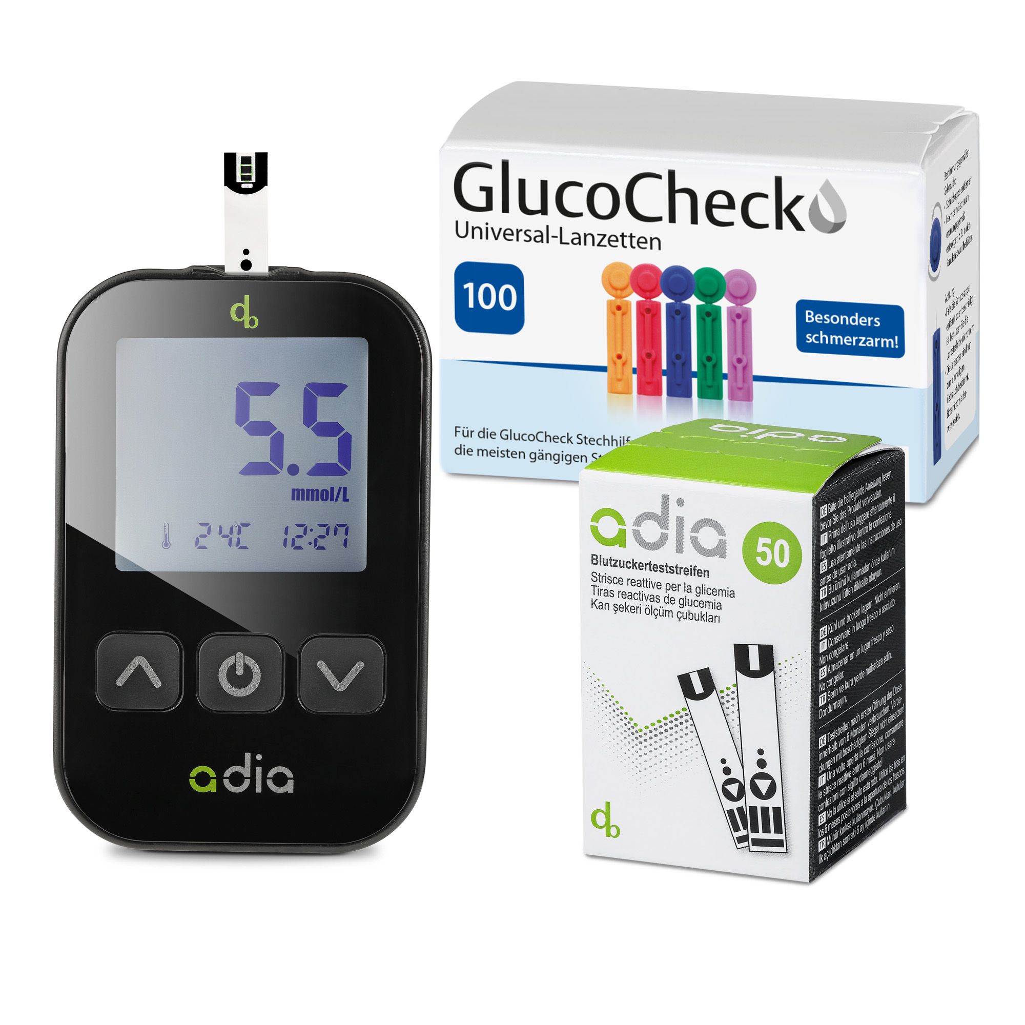Adia blood sugar test strips (60 pieces) with measuring device (MMOL/L) and 110 Lanzetten as a complete set