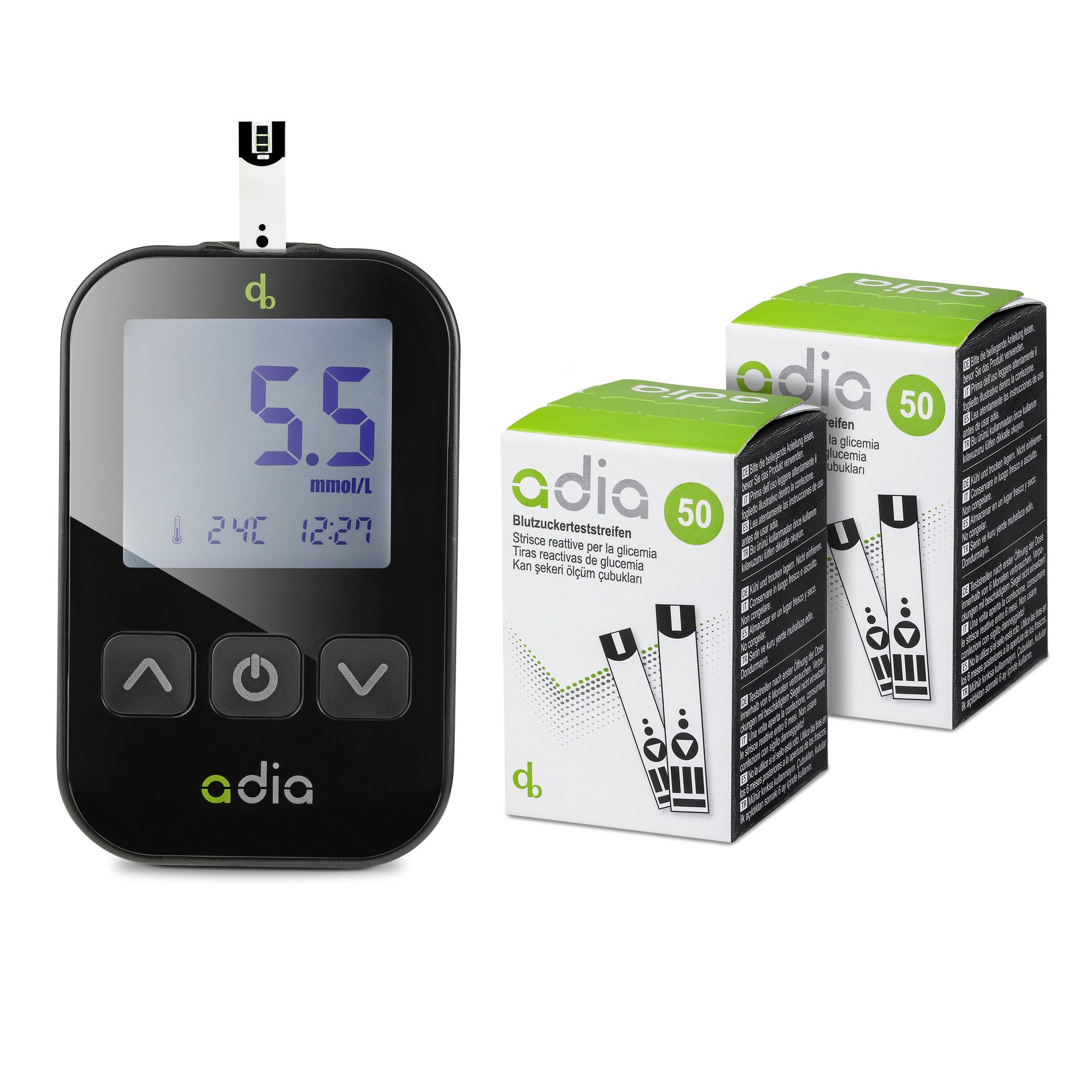 Adia diabetes set: blood sugar measuring device (MMOL/L) with 110 blood sugar test strips