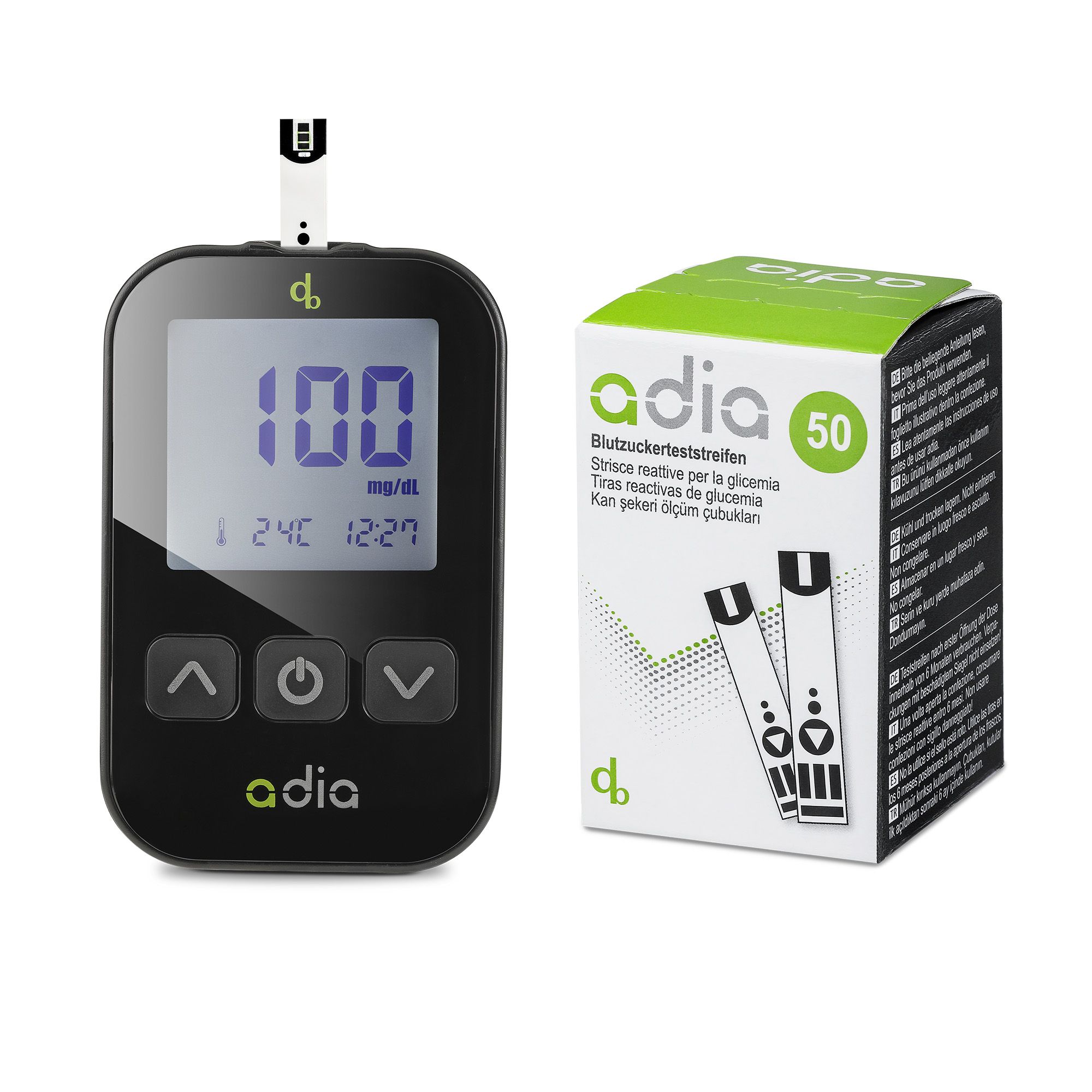 Adia Diabetes Set, MG/DL with 60 blood sugar test strips, Stechhilfe, Lanzetten