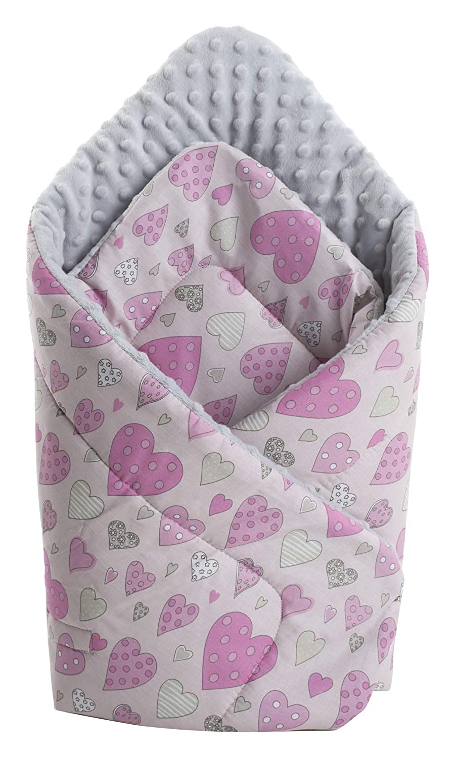 Medi Partners Swaddling Blanket 100% Cotton 75 x 75 cm Double Sided Soft All Year Round Multifunctional Anti-Allergic Babies (Pink Hearts with Grey Minky)