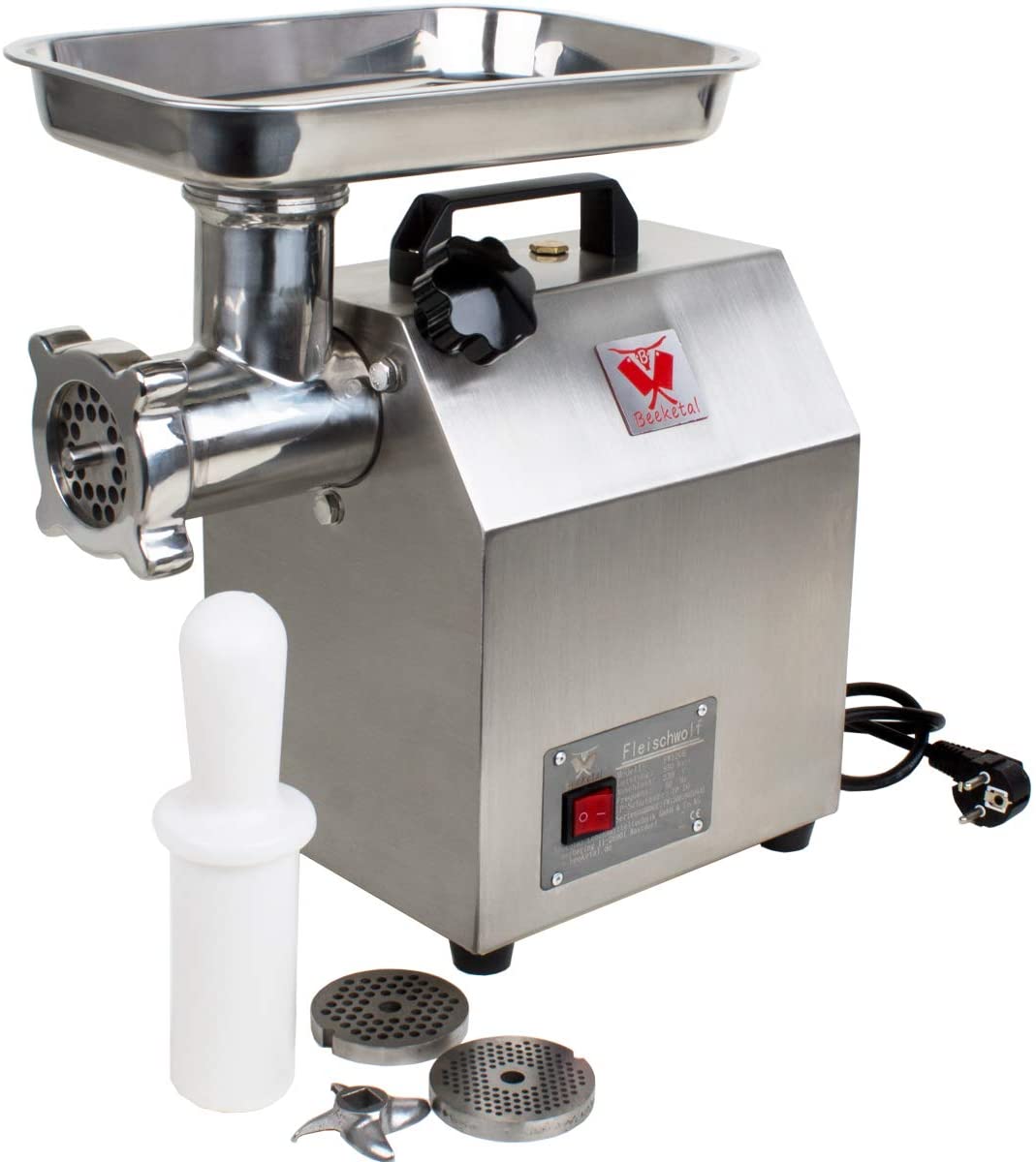 Beeketal FWB Series Professional Gastro Stainless Steel Mincers - up to 220 kg per Hour Throughput, 1 Speed, Carrying Handle, Including 2 x Blades, 3 x Perforated Discs (3, 5 and 8 mm), Stopper