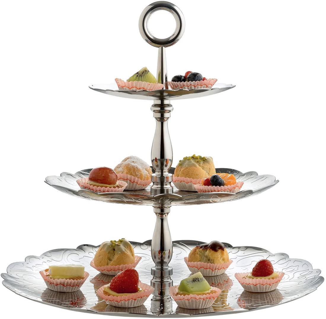 Alessi Dressed for X-Mas 3 Tier Cake Stand 18/10 Stainless Steel Polished with Relief Decoration, Steel, Silver, 34 x 34 x 31 cm