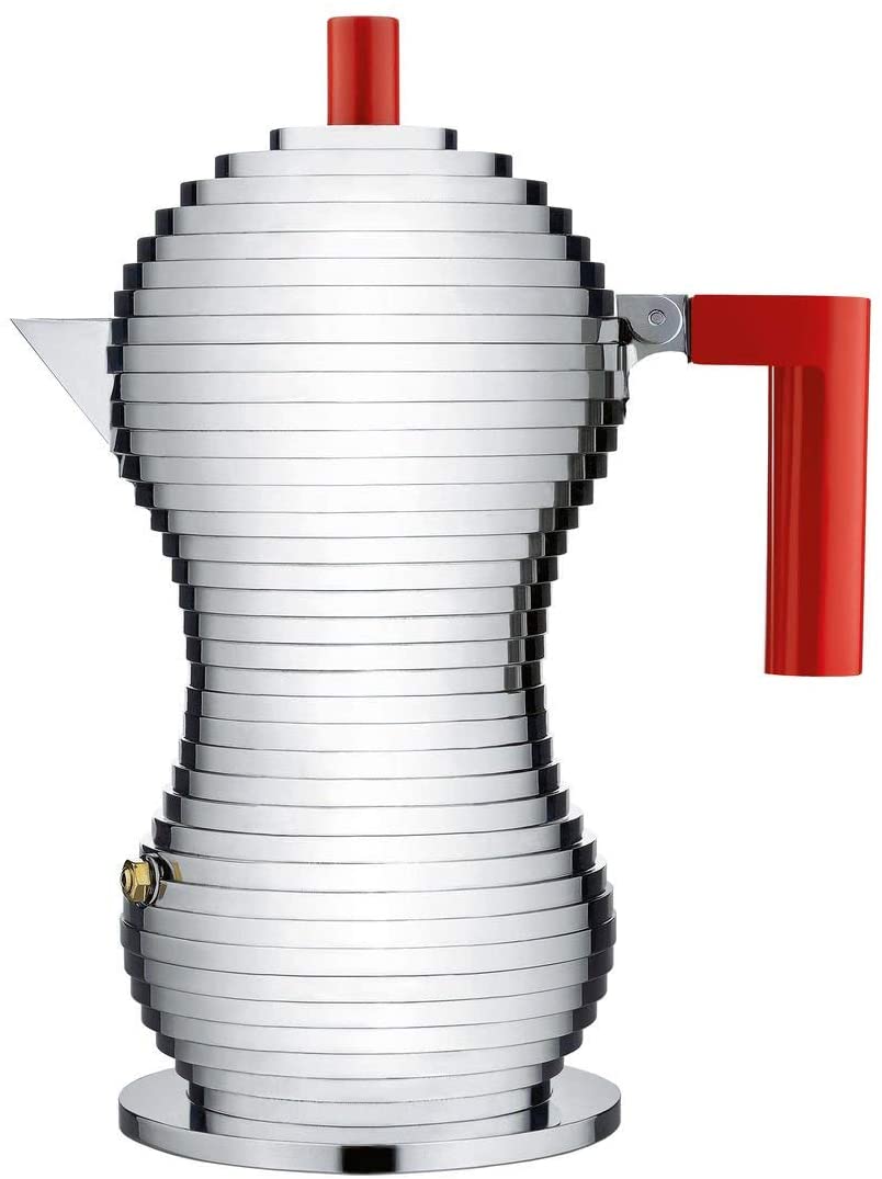 Alessi MDL02/3RFM Pulcina Espresso Machine Cast Aluminium Handle and Knob PA Red Magnetic Base 3 Cups