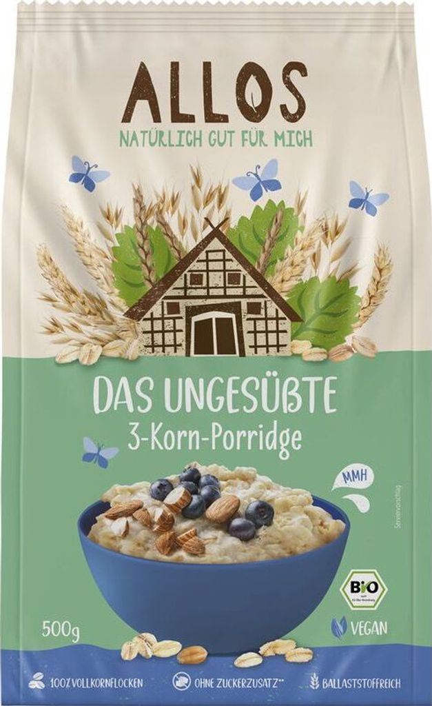 Allos Das Ungesüßte 3-Korn-Porridge -- 500g x 6  - 6er Pack VPE