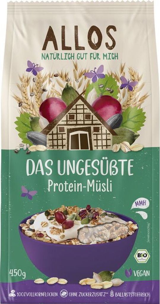 Allos Das Ungesüßte Protein-Müsli -- 450g x 5  - 5er Pack VPE