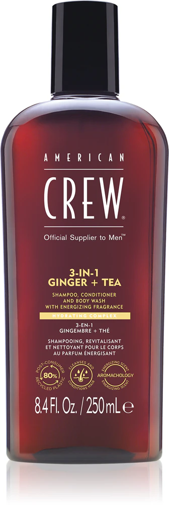 American Crew 3 in 1 Ginger + Tea Shampoo, Conditioner and Shower Gel 3 in 1 for men