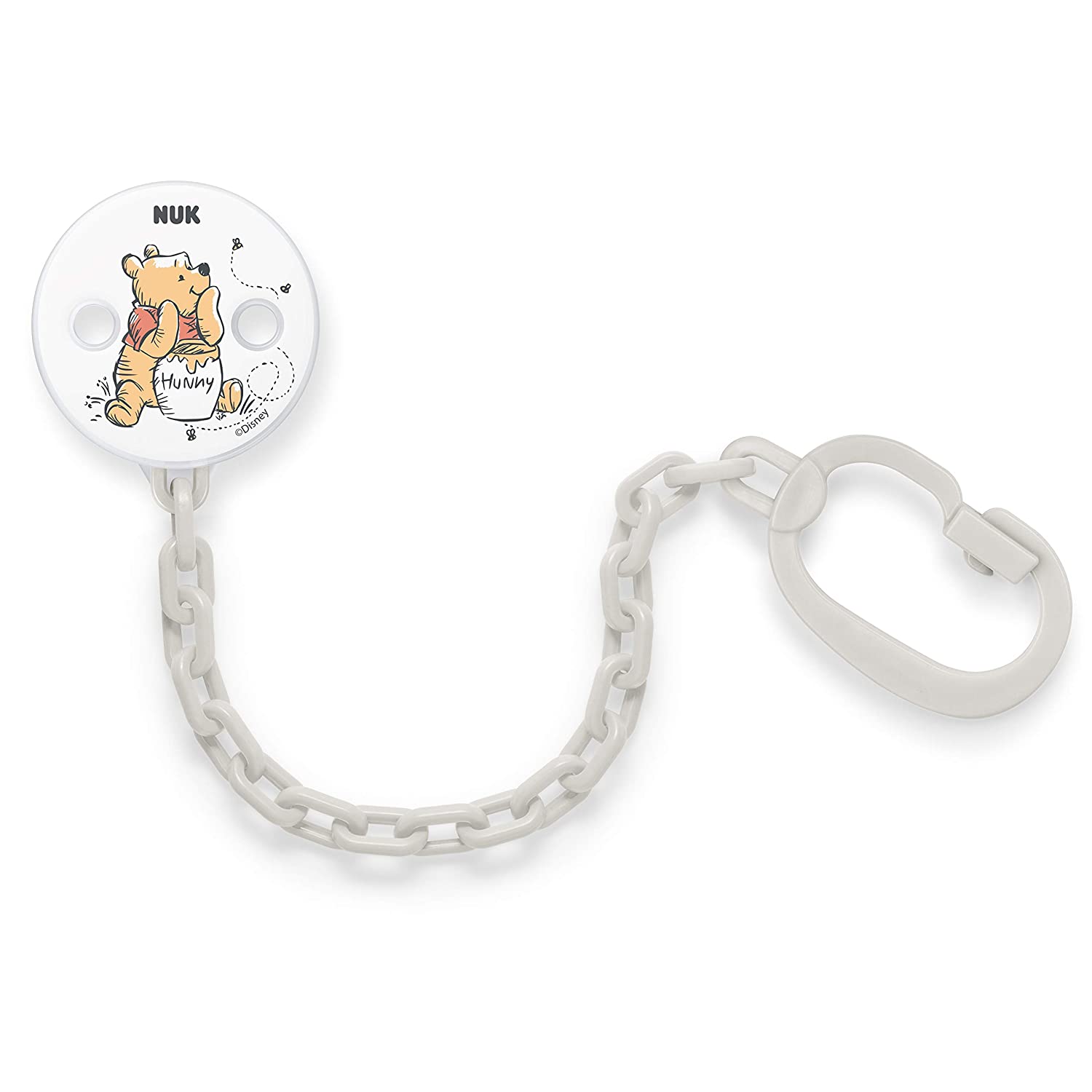 Nuk Disney Winnie the Pooh Dummy Chain with Clip for Securely Attaching the Dummy to Baby\'s Clothes White or Grey (Colour Cannot be Selected)