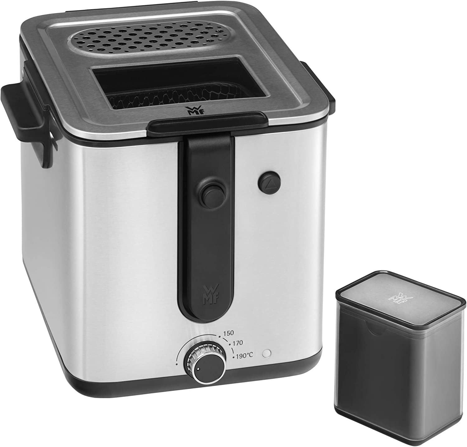 WMF Küchenminis Mini Fryer with Grease/Oil, Deep Fryer with Potato Slicer, 1000 W, Removable Oil Container, for Crispy Fries, Matte Stainless Steel