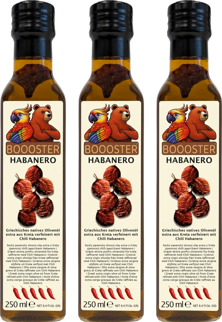 APSU Würz-Öl extra scharf 3x 250ml von BOOOSTER® Extra Natives Olivenöl mit Habanero Chilis Premium-Dressing-Öl aus Griechenland Kreta für Feinschmecker-innen und die mediterrane Küche