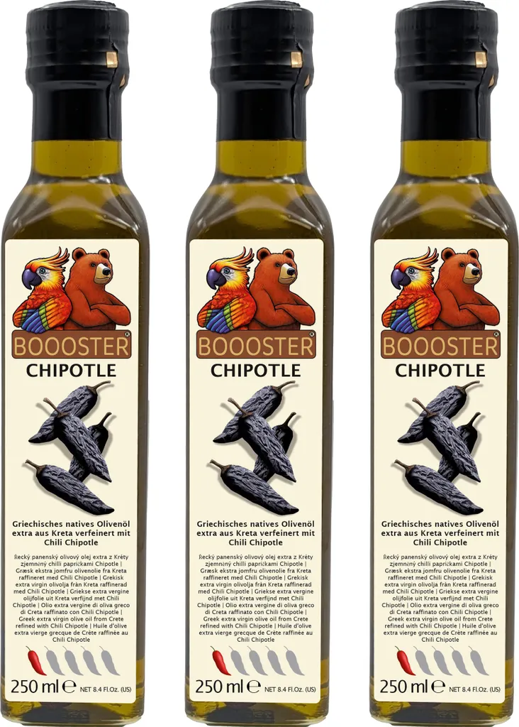 APSU Seasoning Oil slightly hot 3x250ml by BOOOSTER® Extra Virgin Olive Oil with Chipotle Chilies Premium dressing oil from Greece Crete for gourmets and Mexican cuisine