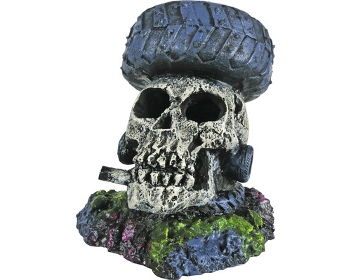 Aquarium decoration with aerator skull with tire 13 cm