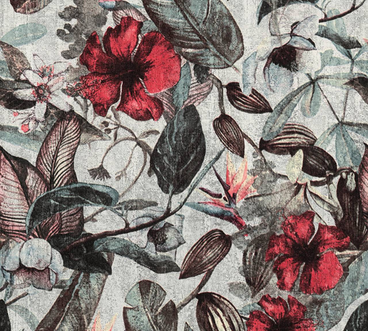 A.S. Creation As Création Non-Woven Wallpaper - 372161 Flowers-Grey - Green - Red