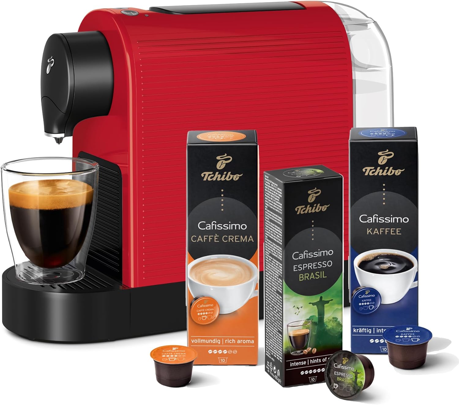 Tchibo Cafissimo Pure Plus Coffee Machine Capsule Machine Including 30 Capsules for Caffè Crema, Espresso and Coffee 0.8 L 1250 Watt 11.9 x 33.7 x 24 cm (Red)