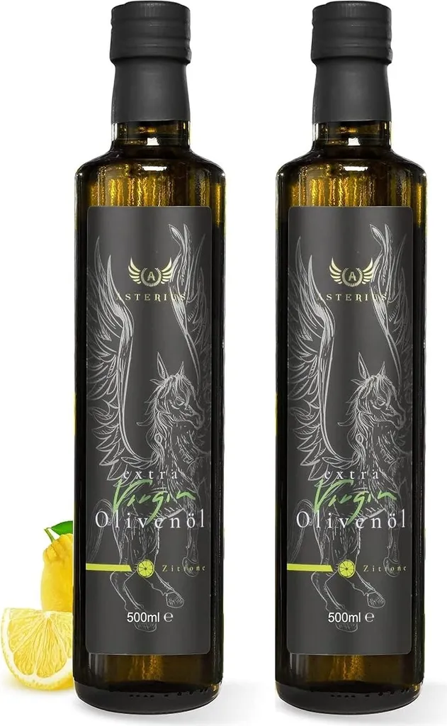 Asterius griechisches Olivenöl mit Zitrone | natives extra, frische Ernte, 100% Koroneiki Olive | mild-fruchtig (2x500ml)