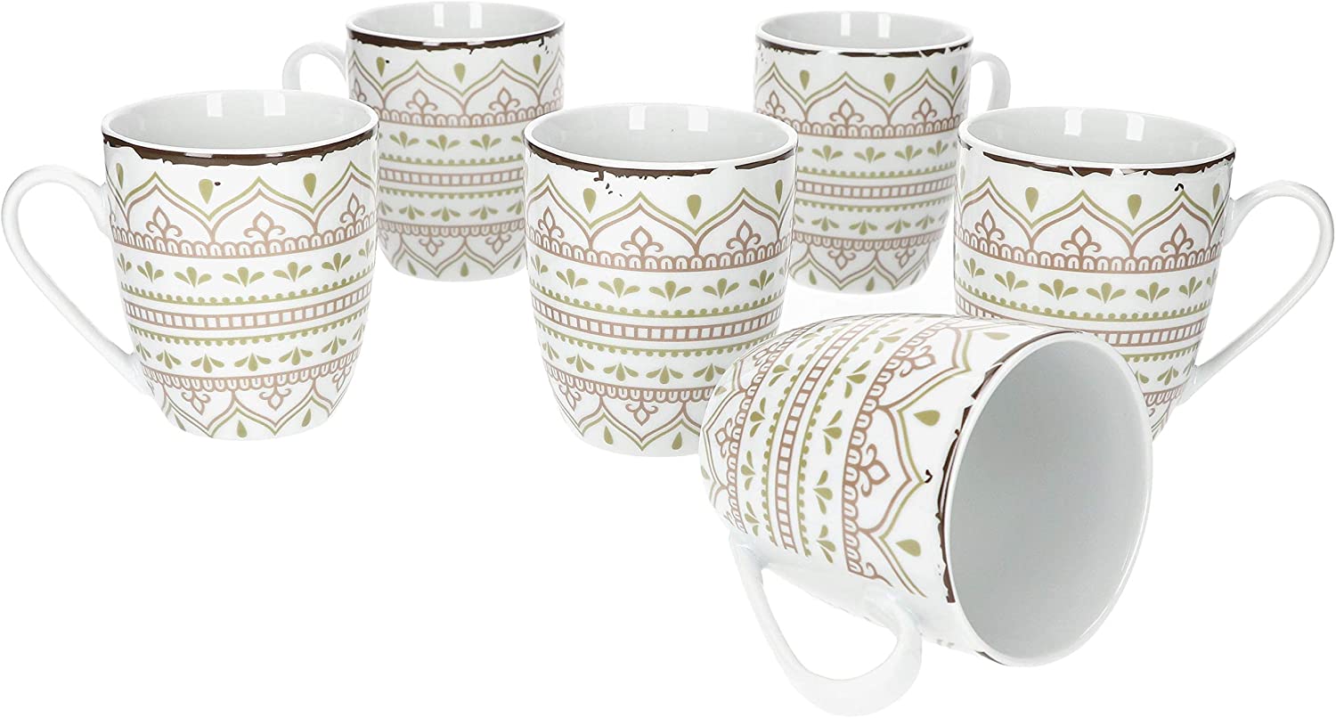 Van Well Riva Set of 6 Coffee Mugs I Durable Porcelain Coffee Mug Set - Modern Country House Style I Suitable for Microwave & Dishwasher I Large Cappuccino Cups I Coffee Cup Large 6 Pieces