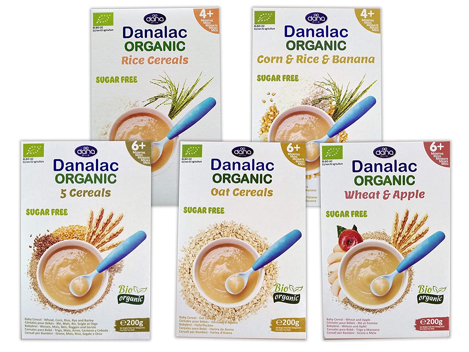 DANALAC Bio Babybrei (Combo Selection Pack) 200g Zuckerfrei | Fünt Getreide & Haferflocken & Reisflocken & Mais-Reis-Banane & Weizen und Apfel