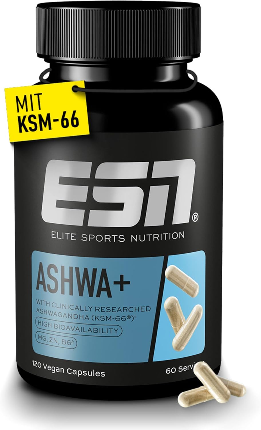 ESN Ashwa +, patented Ashwagandha root extract KSM-66®, 120 capsules, Indian passionflower, with magnesium, vitamin B6 & zinc, vegan (packaging may vary)