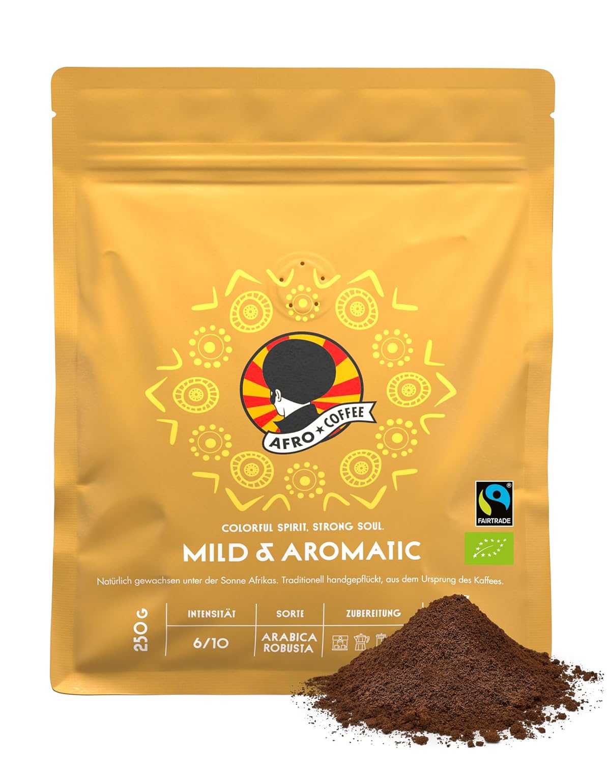 AFRO COFFEE Mild & Aromatic I 250 g Premium Organic Coffee Powder Fairtrade I Arabica & Robusta Coffee Powder I Ground Coffee from East Africa with Floral Note I Hand Picked, Medium Roasted, Low Acid