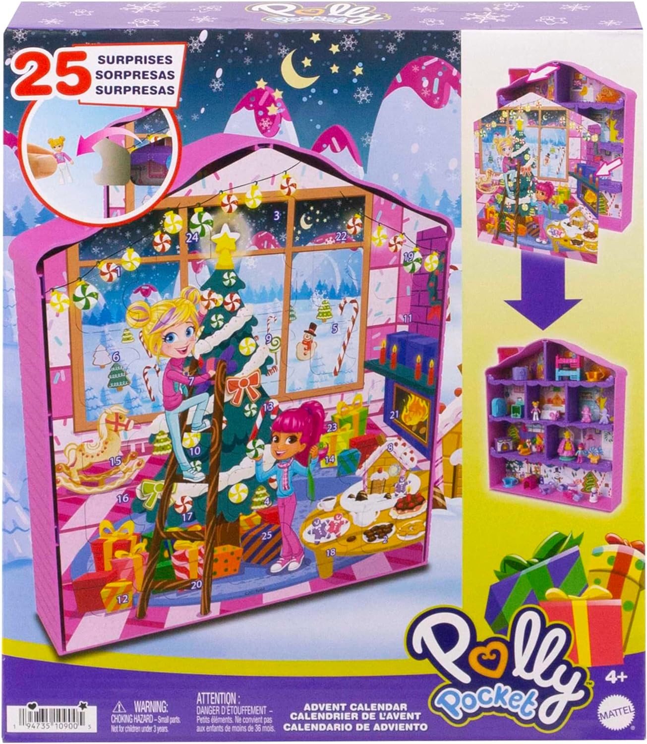 POLLY POCKET Advent Calendar House - 25 Surprises, 2 Dolls, 27 Accessories, Gingerbread House Design, Christmas Tree, Skis, for Children from 4 Years, HKW16