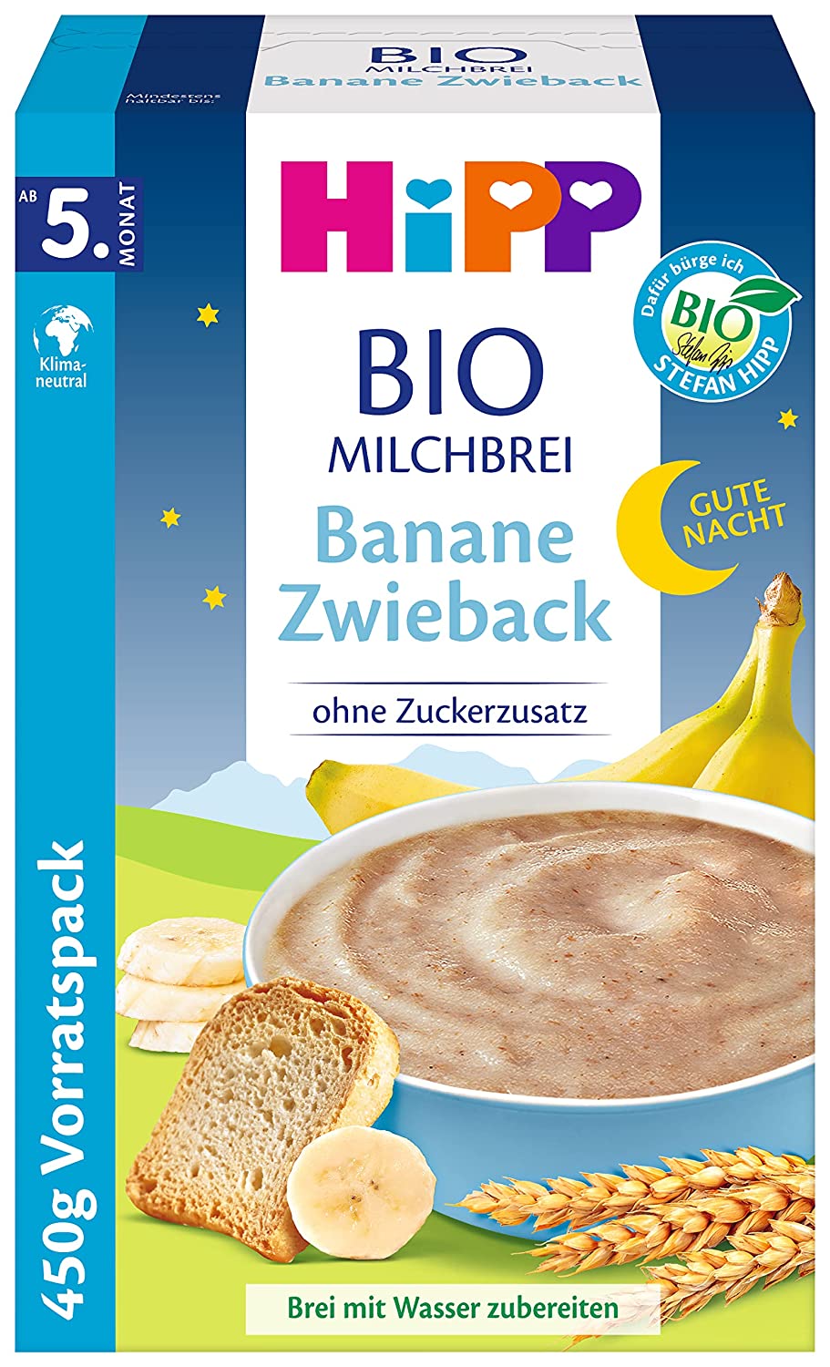 HiPP Bio-Milchbreie ohne Zuckerzusatz, Gute-Nacht-Brei Banane Zwieback, Vorratspackung (4x450g)