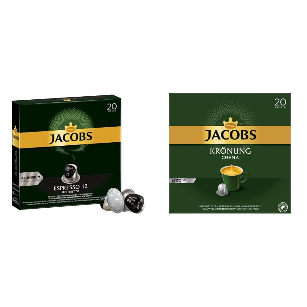 Jacobs Espresso Ristretto Coffee Capsules, Intensity 12 of 12 & Coffee Capsules Coronation Crema, 200 Nespresso Compatible Capsules, Pack of 10, 10 x 20 Drinks, 1040 g
