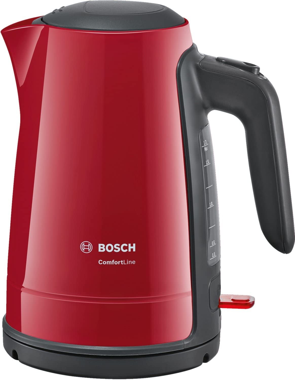 Bosch ComfortLine TWK6A014 Wireless Kettle, 1-Cup Function, Large Opening, Overheating Protection, Removable Limescale Filter, 1.7 L, 2400 W, Red