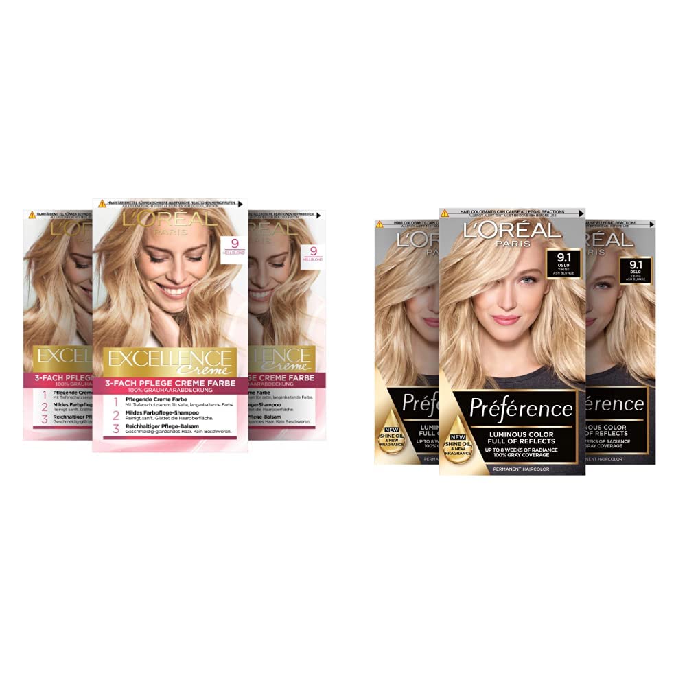 l'oréal L\'Oréal Paris Permanent Hair Colour, 100% Grey Coverage, Hair Dye Set with Colouration, 9 Light Blonde, 3 x 268 g & L\'Oréal Paris Permanent Hair Colour, 9.1 Very Light Ash Blonde (Oslo), Set of 3