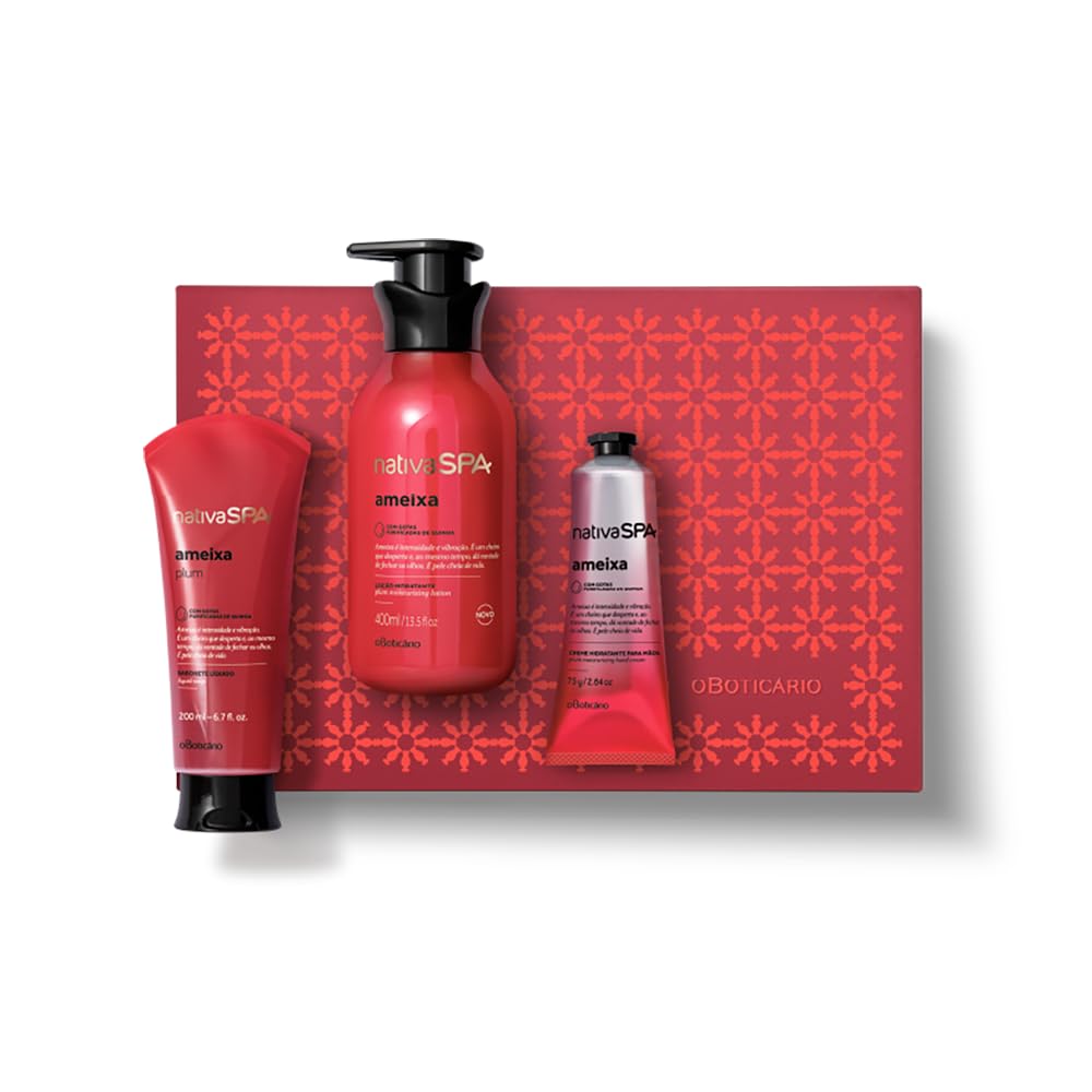 O Boticário Nativa SPA Plum Coffret Gift Set Skin Care with 3 Products and Red Box, Moisturising Cream for Body, 400 ml, Hand Cream 75 g and Shower Gel 200 g