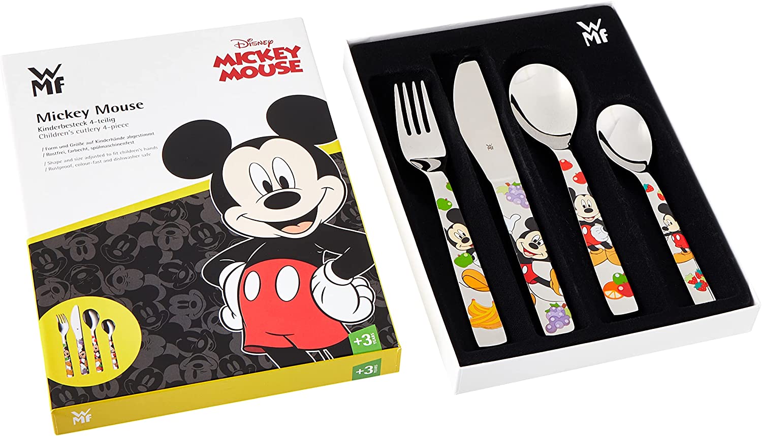 WMF Disney Mickey Mouse Children\'s Cutlery Set 4 Pieces from 3 Years Cromargan Polished Stainless Steel, 21.6 x 15.6 x 2.6 cm