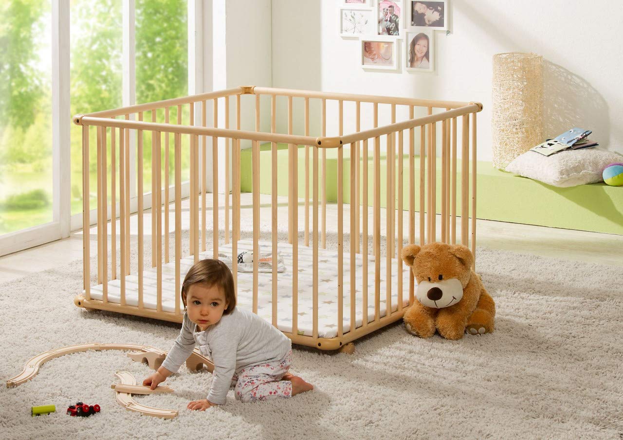 Geuther Belami Plus Playpen - Easy to Disassemble Playpen - TÜV Tested - Made of Natural Wood - Grey - Size: 76 cm x 97 cm