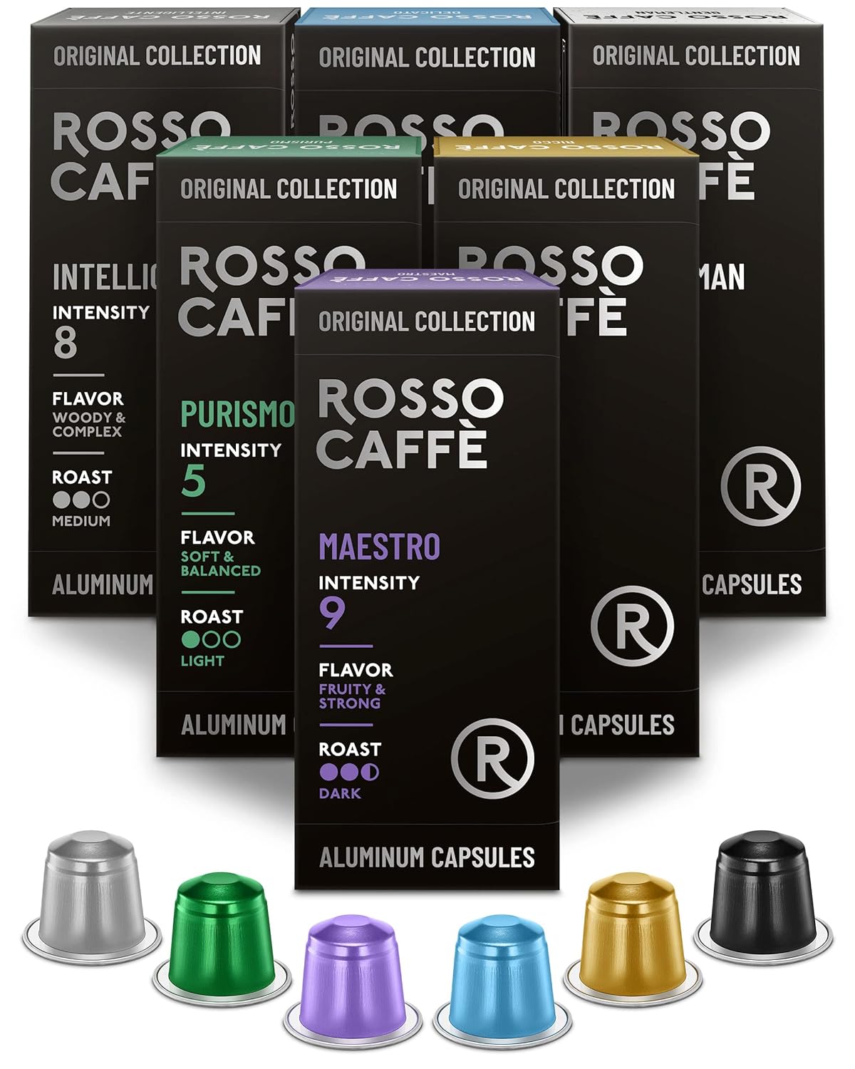 ROSSO CAFFÈ Coffee Capsules - Compatible with Nespresso machines - 60 Aluminum Coffee Pods, 6 Delicious Coffee Flavors - 100% Recyclable Capsules