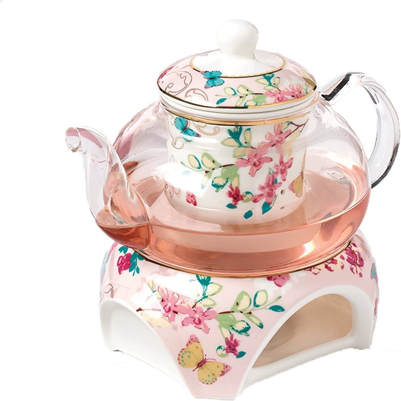YBK Tech Fine China Glass Teapot with Warmer and Infuser (Pink Butterfly Pattern)