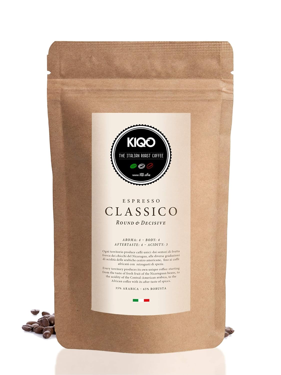 KIQO CLASSICO 1 kg Coffee Beans from Italy - Balanced Premium Espresso - Medium Roast - for Fully Automatic Coffee Machines or Portafilter - 35% Arabica & 65% Robusta Beans (1000 g - Whole Beans)