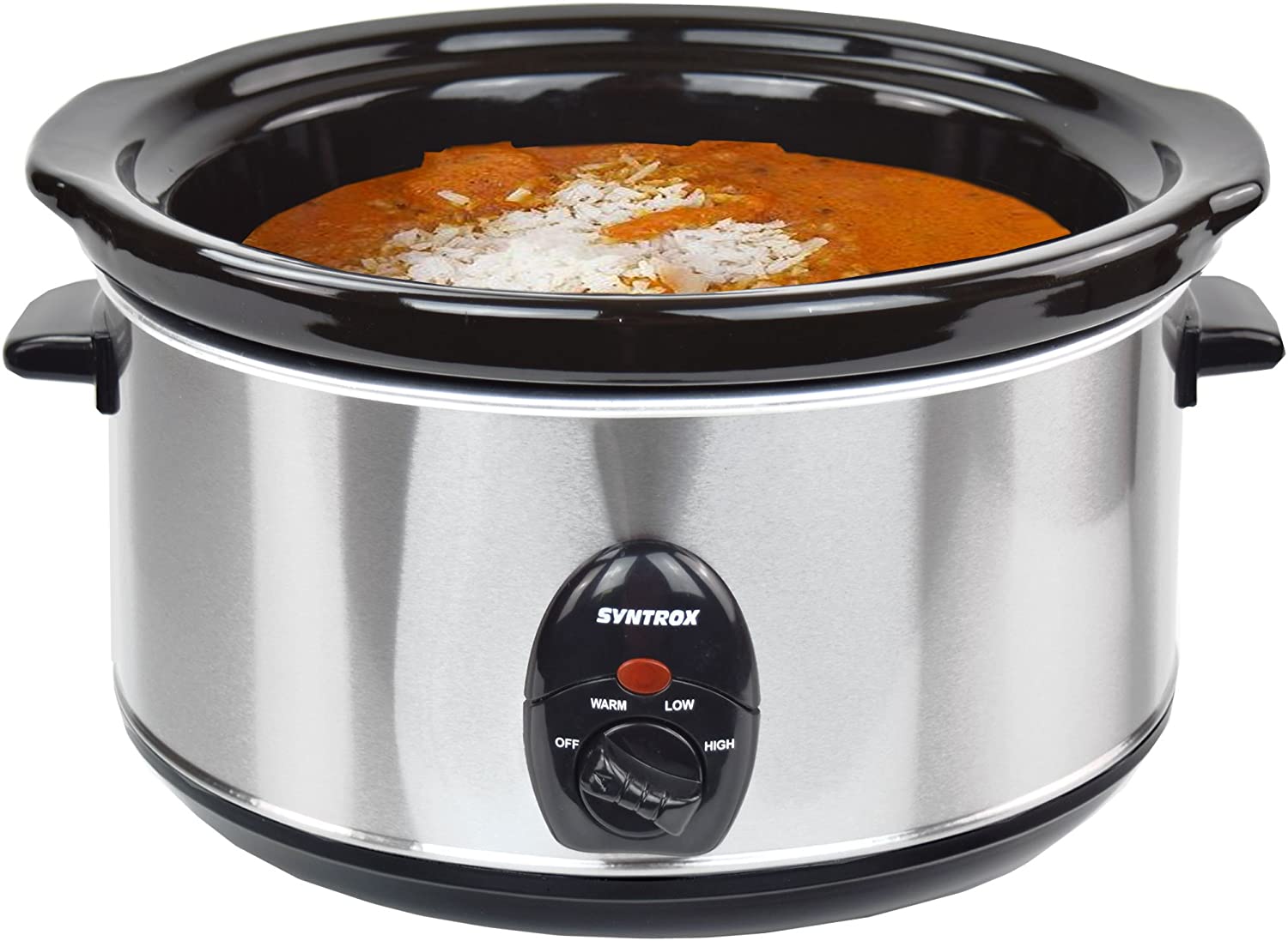 Syntrox Germany 4.5 litre stainless steel slow cooker with warming function, safety glass and removable ceramic bowl, slow cooker