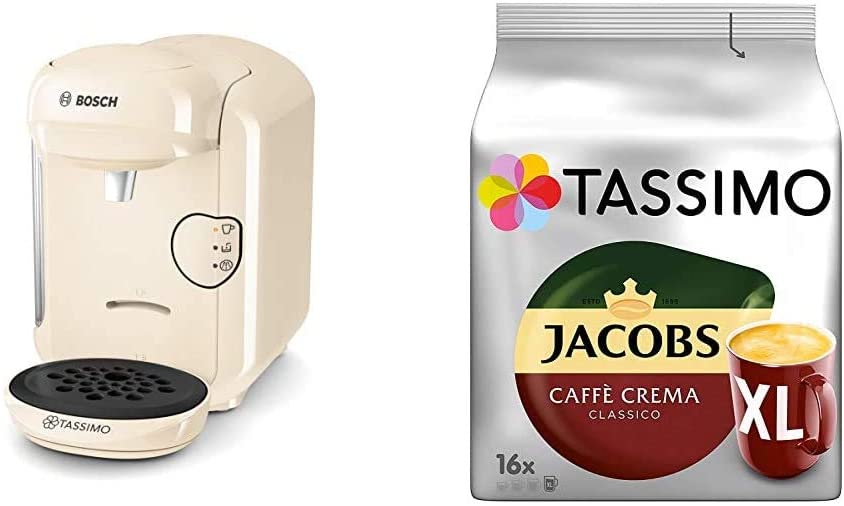Bosch Hausgerate Bosch TAS1407 Tassimo Vivy2 Capsule Machine, Over 70 Drinks, Fully Automatic, Suitable for All Cups, Compact Size, Tassimo Capsules Jacobs Caffè Crema + Latte Macchiato + Milka + Tasting Box