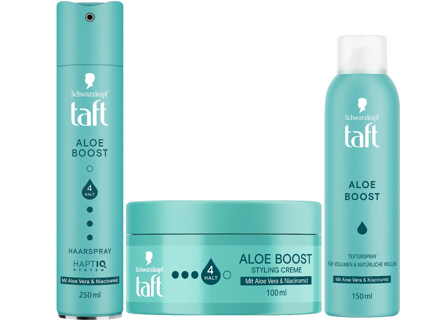 TAFT Hair Spray (250 ml) & Texture Spray (150 ml) & Styling Cream (100 ml) Aloe Boost, All Hair Types, for Volume & Natural Waves, with Aloe Vera & Niacinamide Provides Effortless Undone Looks