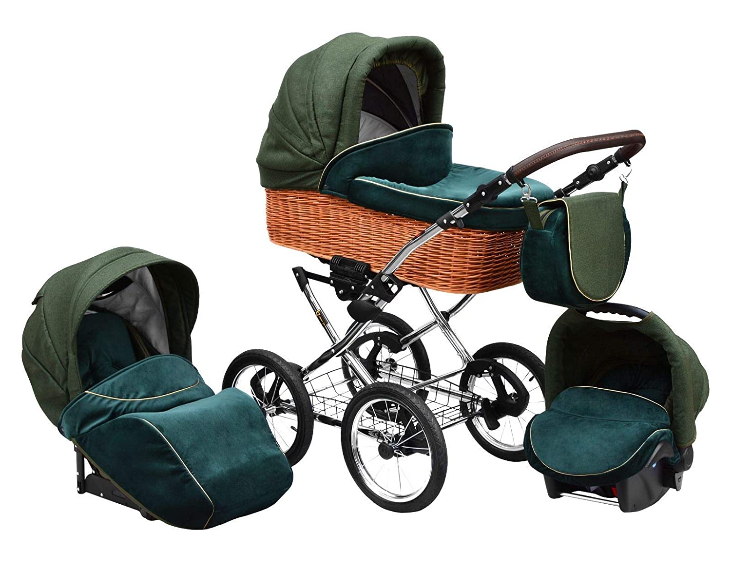 Lux4Kids Retro Pushchair Nature One Pneumatic Tyres Wicker Braided Wicker Basket Racing Green 07 3-in-1 with Baby Seat