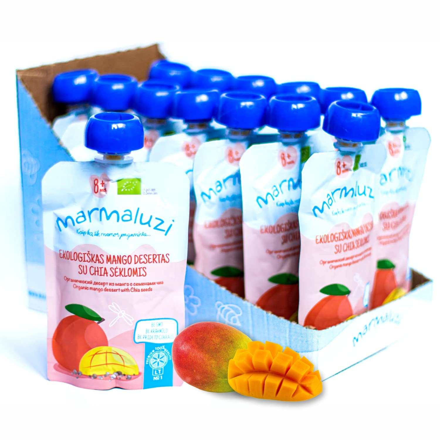 Bio Quetschbeutel von Marmaluzi - Premium Baby Quetschies für Kinder ab 8 Monaten - Fruchtmus ohne Zuckerzusatz und Zusatzstoffe - Mango & Chiasamen - 14er Pack (14 x 90g.)