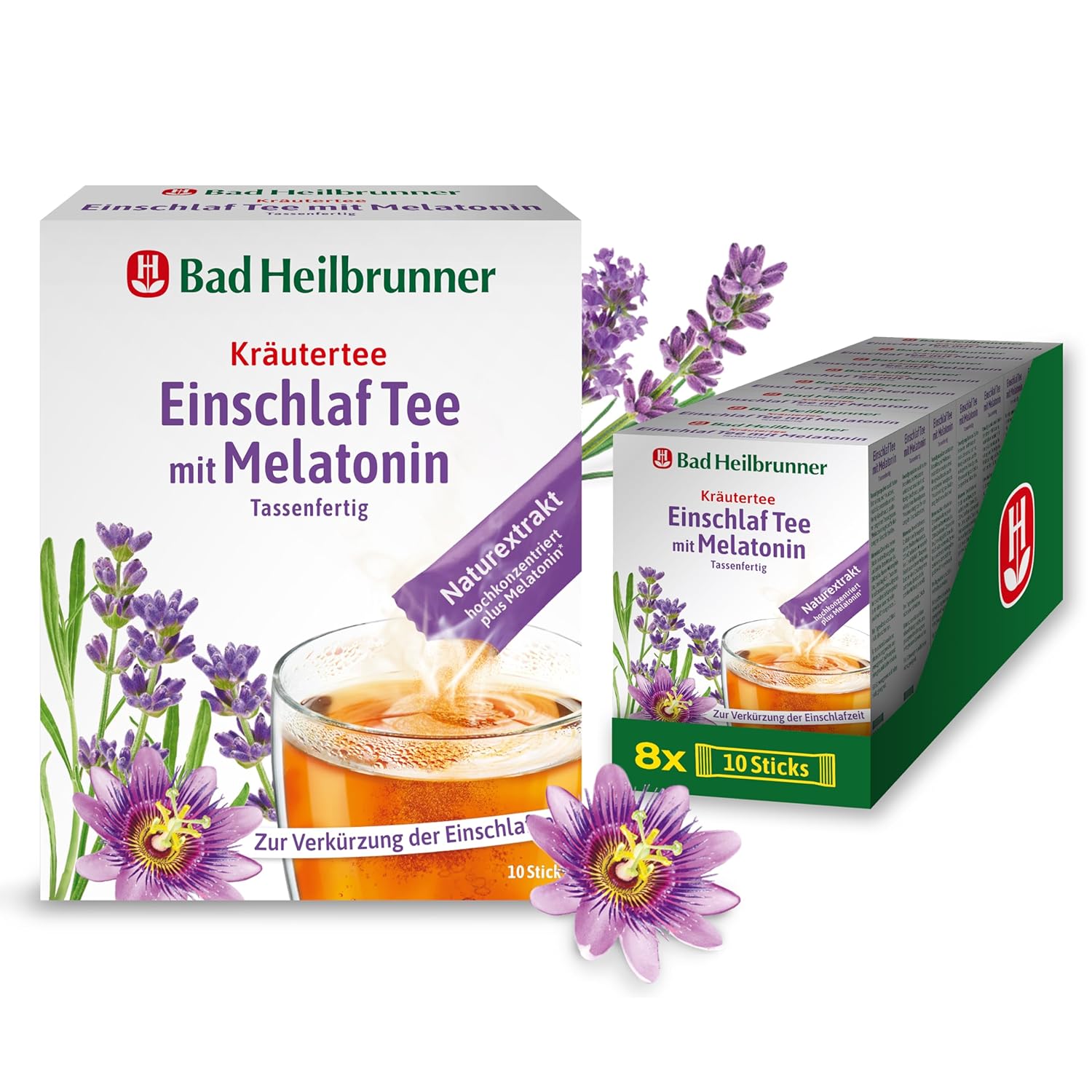Bad Heilbrunner Einschlaf Tea with Melatonin – in Stick, Ready to Cup – with Melatonin, Lavender Flowers & Passion Flower – Finally Fall asleep Well – Ideal for Travel – Good Night Tea (8 x 10 Sticks)