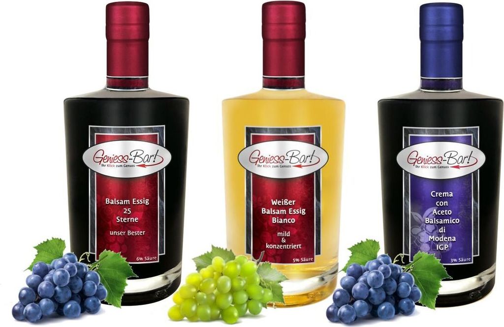 Balsamic Vinegar Carefree Package 3x 0.7L 25 Stars Balsamic Vinegar / White Balsamic Vinegar / Crema di Balsamico di Modena IGP Glass Bottles Set